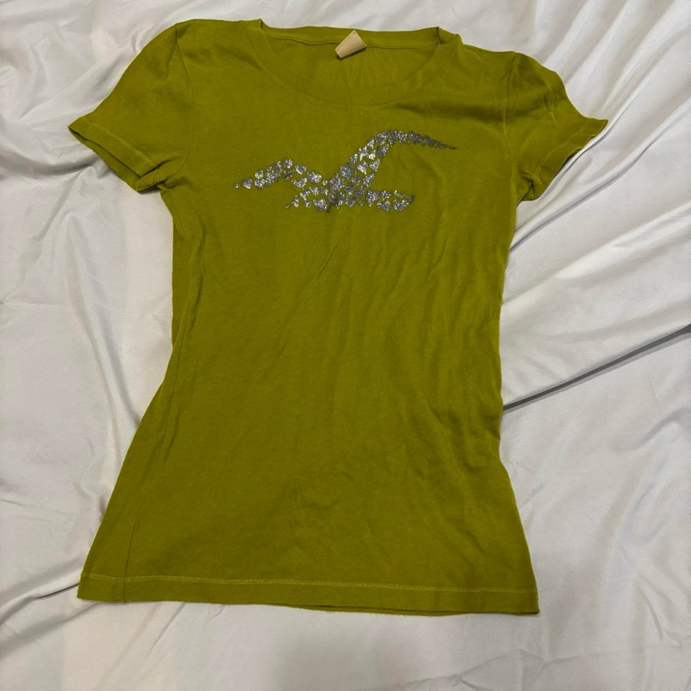 SOLD- Hollister Olive Tee with Silver Logo - Y2K cute gift for teens